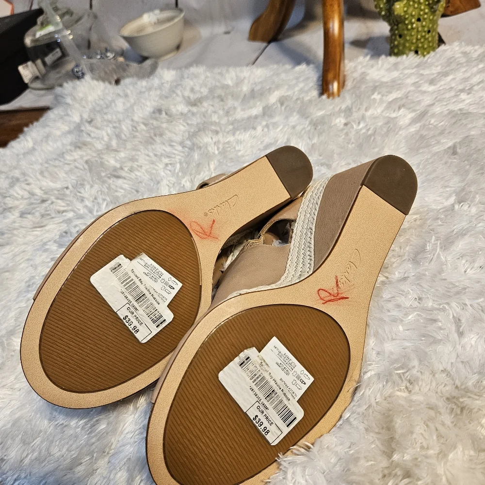 Clarks Collection Tan Leather Wedge Sandals Espadrille Slingback 9.5D